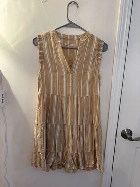 Francesca's Collections Striped Tiered Mini Dress in Tan and Ivory